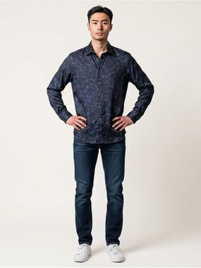 Equipment Homme Slim Fit Shirt Men’s Medium Slate Blue Black Floral Print NWT